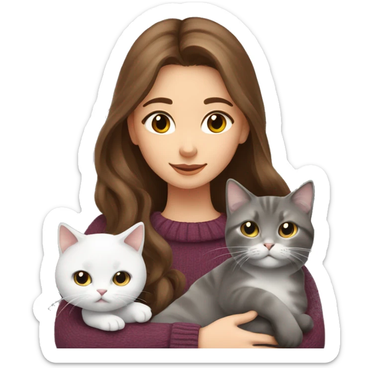 Girl with long brown hair in sweater hugging a british grey and white fold cat sticker
