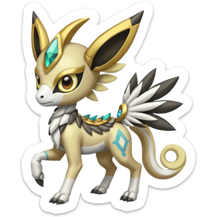 Cute Baby Colorful Shiny Tribal Skeletal masked armored Meloetta-Silvally-Solgaleo-Raikou-Pokémon-Digimon-Fakémon-fusion-hybrid-creature, full body sticker