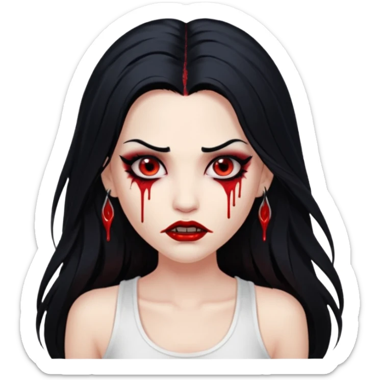 White woman with a white tank top long black hair glossy middle part long hair vamp look with fangs or blood dripping brown eyes eyeliner winged with lashes top and bottom sticker