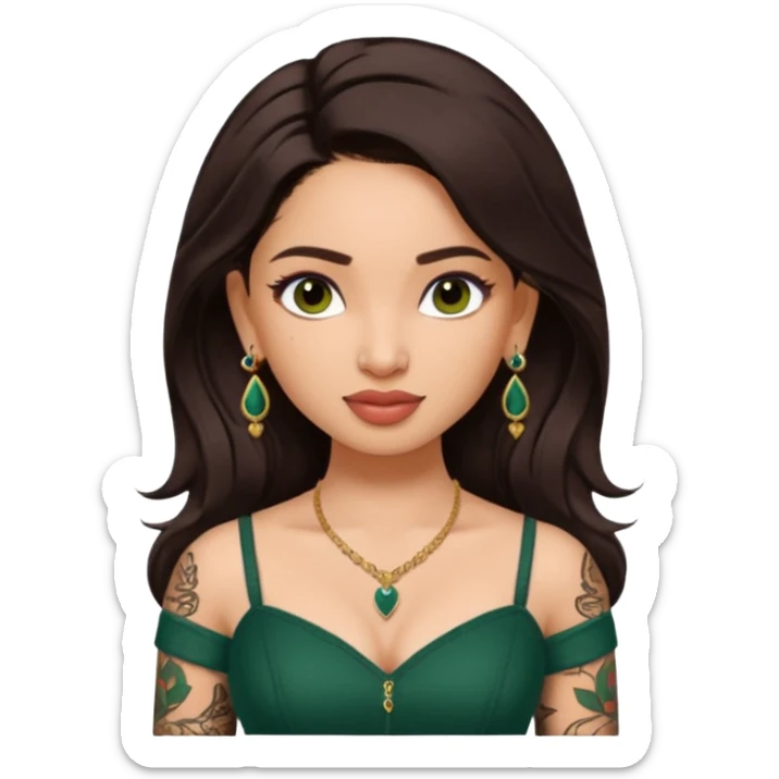 pretty bratz genmoji that looks like tamannah bhatia (bollywood actress), wearing a dark green sweetheart neckline top, dark brown hair, light makeup, no necklace, dangly earrings, side hair part, dark brown eyes, with full tattoos and neck tattoo sticker