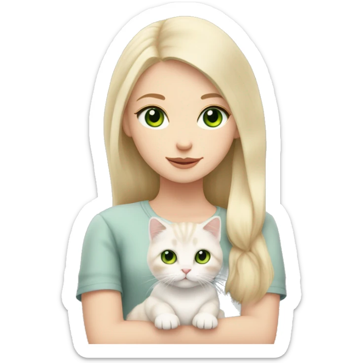 A girl with light blond hair and green eyes is holding a white Scottish Fold cat with green eyes, a pink nose, and folded ears. sticker