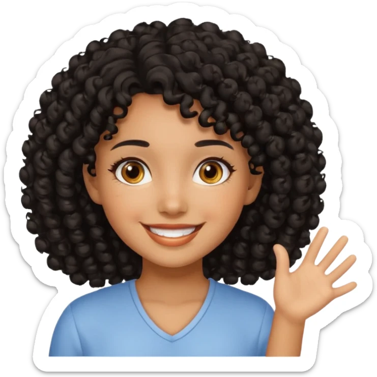 Uma menina de cabelo cacheados preto morena com os olhos puxados olhos castanhos dando bom dia sticker
