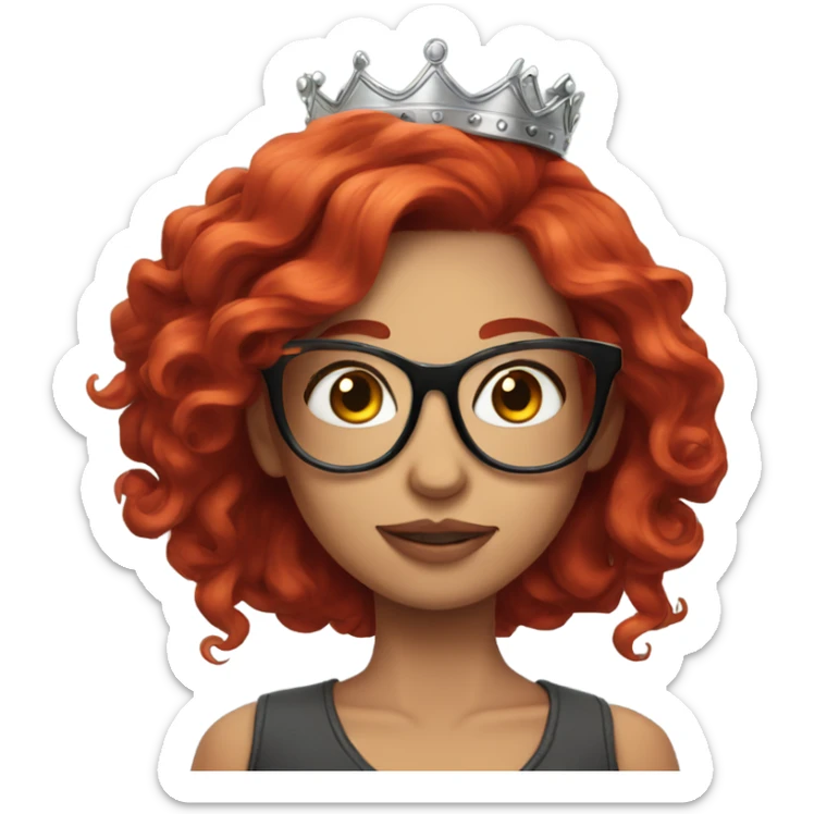 Beautiful girl, long red hair, tattoos, glasses and a crown sticker