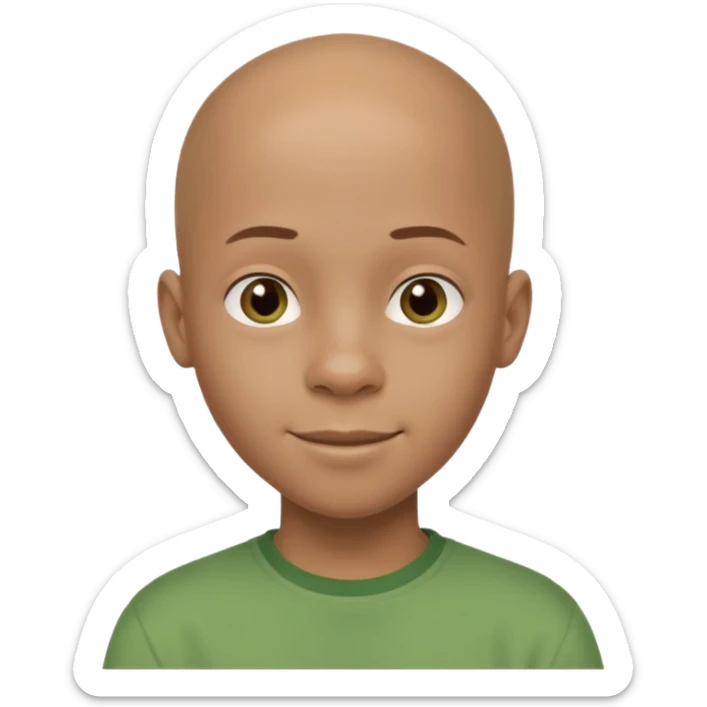 14-year-old bald African-European mixed boy with green shirt cheerful sticker