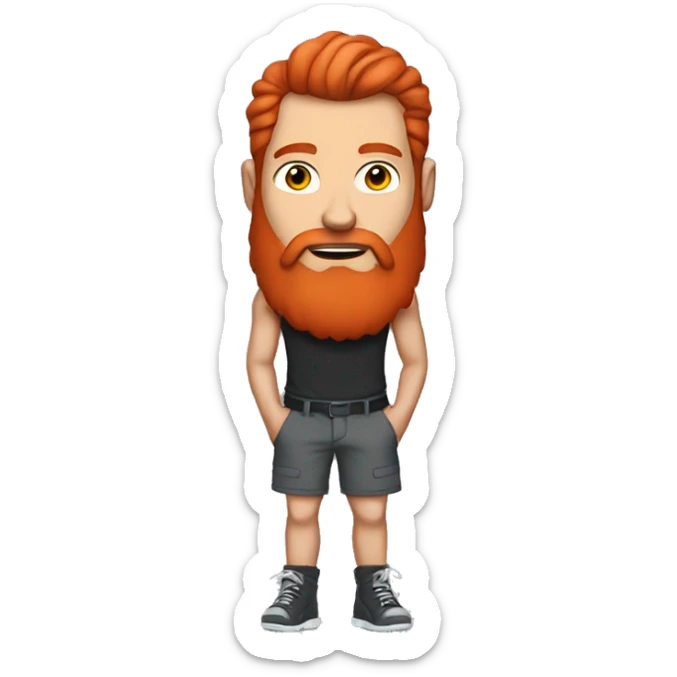 a man with long red hair, a red beard with a little gray in it, and a full body suit tattoo, wearing shorts and a tank top sticker