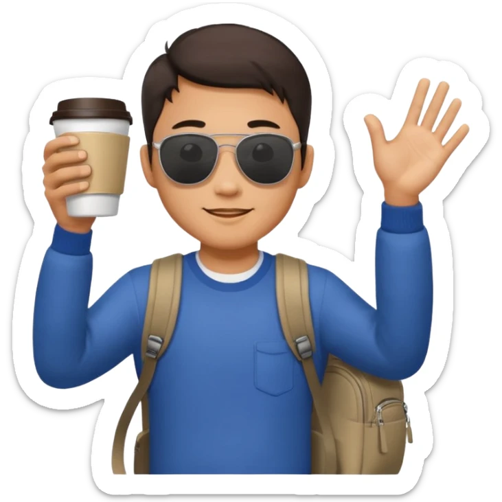 An asian man wearing sunglasses and carrying a backpack, holding a cup of coffee and waving his hand (in greeting) sticker