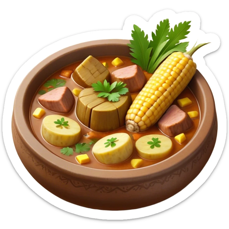 Cinematic Realistic Sancocho Antioqueño Emoji, depicting a hearty Colombian stew brimming with tender cuts of meat, yuca, plantains, corn on the cob, and potatoes in a rich, flavorful broth. Served in a rustic clay bowl with fresh cilantro and lime on the side, rendered with warm, inviting textures and homely, comforting lighting. sticker