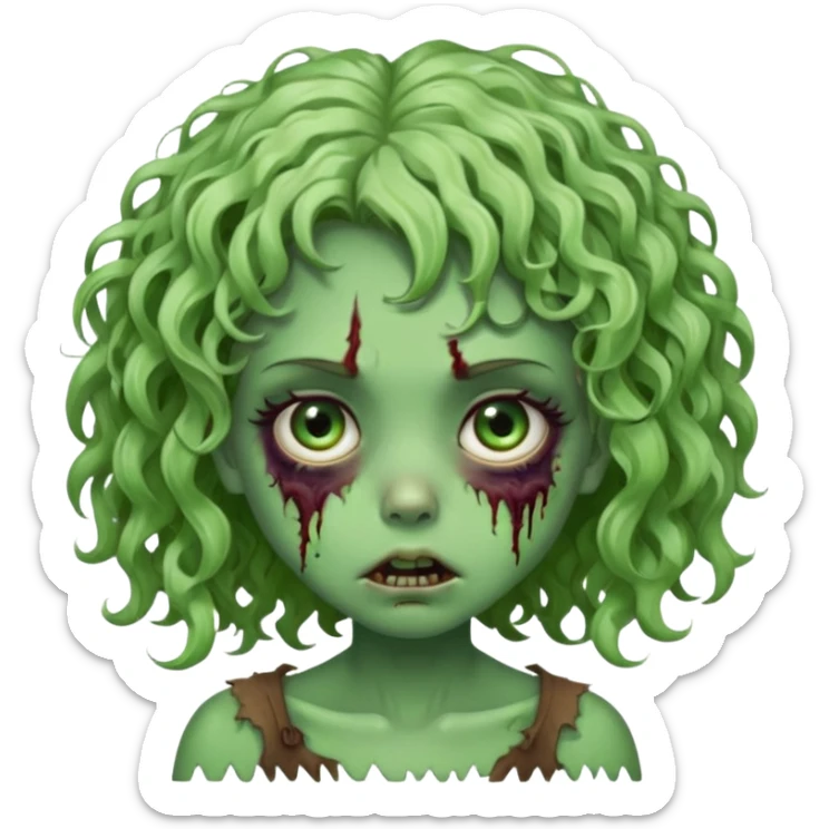 Uma garota zumbi com o cabelo cacheado baixo e mecha descolorida,olho meio grande e bonitos e rosto redondo bem fofinha e linda e com aparência de zumbi verde e meio assustadora com o semblante de cansada sticker