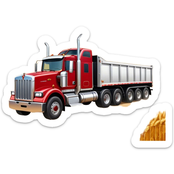 Kenworth T909 (2022) – Cinematic-realistic Kenworth T909 grain truck, its deep red cab gleaming under the scorching Australian sun. The massive trailer is filled to the brim with golden wheat, rolling down dusty farm roads, leaving a faint trail of chaff in its wake. sticker