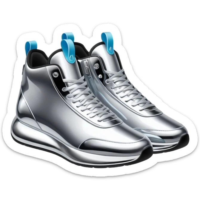 A pair of futuristic sneakers emoji made of silver chrome, sleek streetwear design, smooth metallic panels, subtle reflections, luxury swag aesthetic, iOS emoji style, centered, clean white background sticker