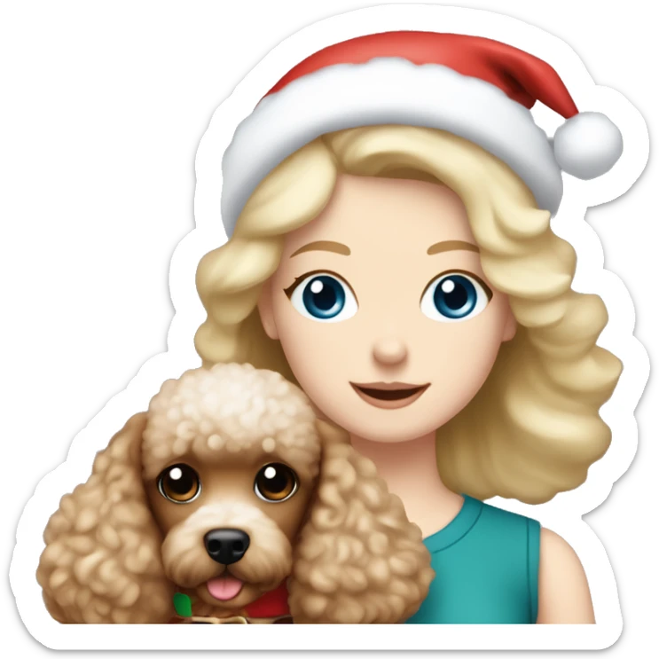 Pretty blue eyed white girl with blonde hair with a santa claus hat and holding a brown toy poodle sticker