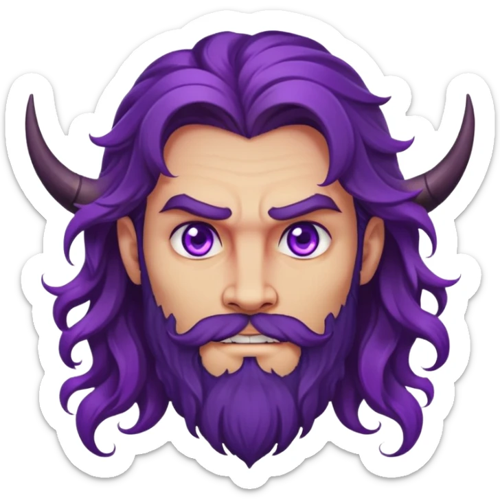 Demon with long wavy hair, purple eyes, bearded, handsome, he is mid 30s sticker