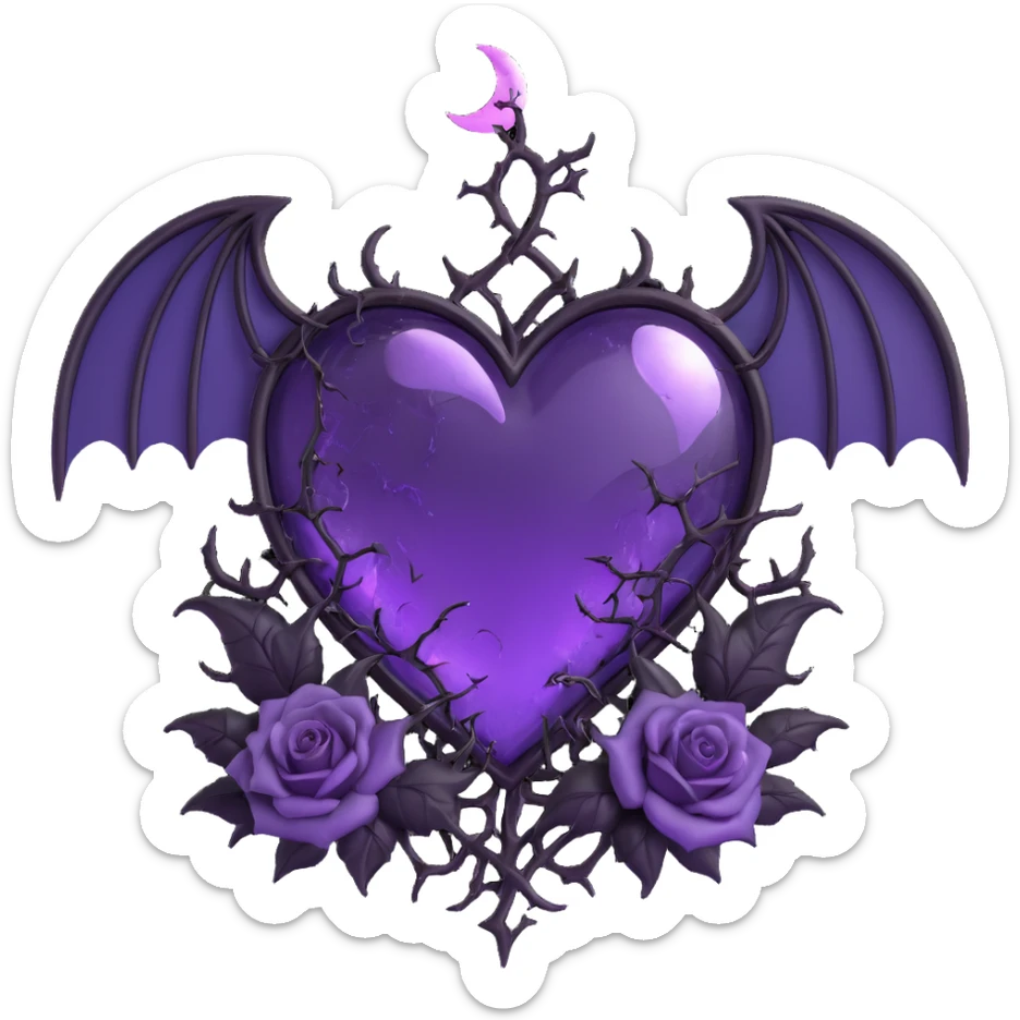 gothic heart made of purple glass with crescent moon with bat wings, black roses entwined with thorns, glowing lightning, pouring rain, shattered cracked glass texture sticker