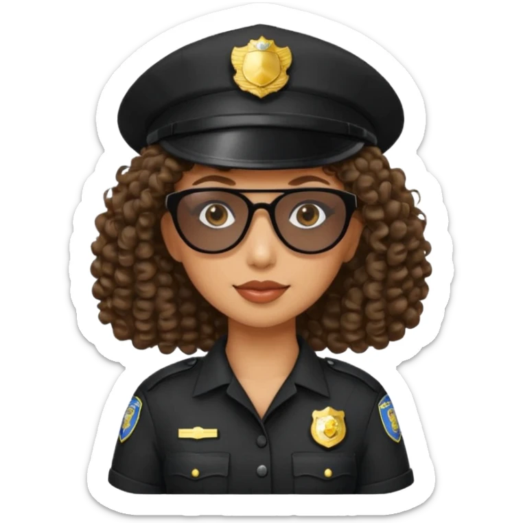 woman police wearing black dress with sun glasses curly hair and hat sticker