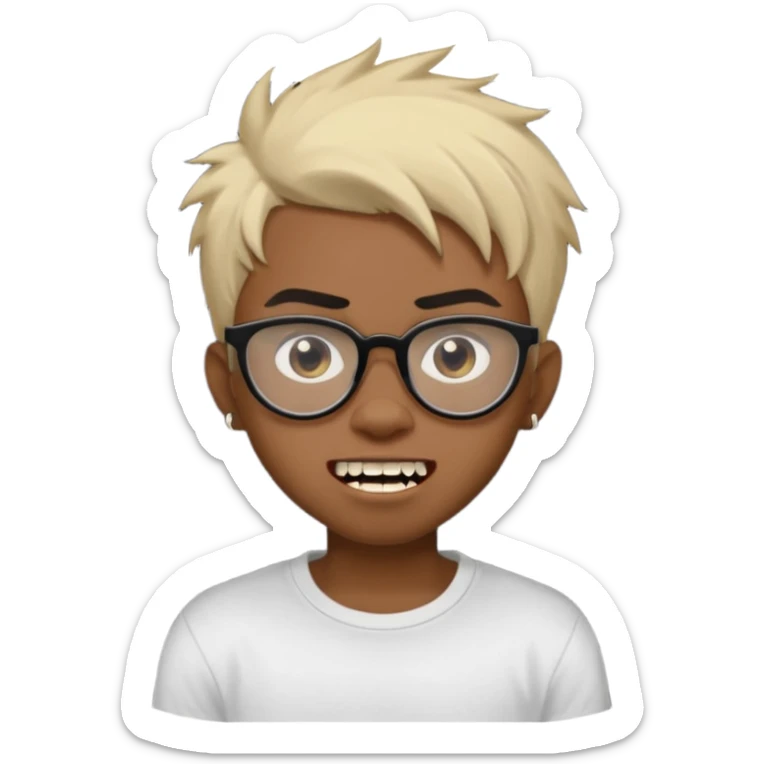 Black Male Teenager with Short punk messy blonde hair, Dark brown bushy eyebrows large expressive golden-brown eyes, wearing a plain white t-shirt, wearing thick black glasses, Dark Brown skin color. Showing off his singular vampire tooth sticker