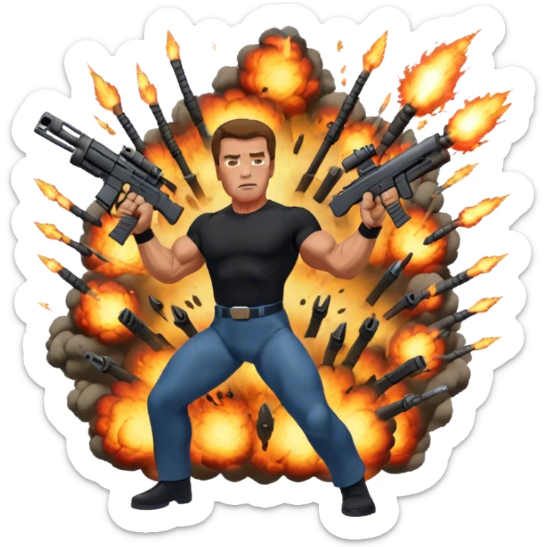 Icon for Action Movies: Arnold Schwarzenegger in the lead role, in an intense action pose with weapons, explosions, and dramatic background. The design should evoke the classic action movie feel with muscle-bound heroes and high-energy sequences. Transparent background. sticker