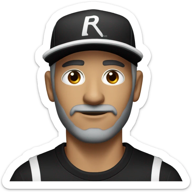 An adult white skin portrait of male with stubble and a slightly gray beard, brown hair, black eyes, wearing a black Reebok cap with a round emblem on his head, and a black sweater with three white stripes on the sleeves underneath. sticker