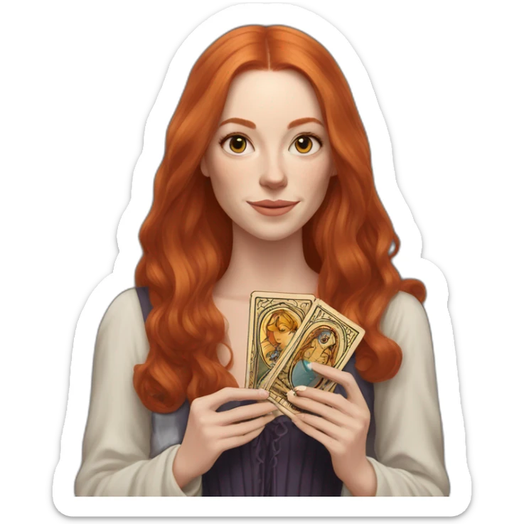 redhead white woman medium long straight hair, holding a tarot card in her hand sticker