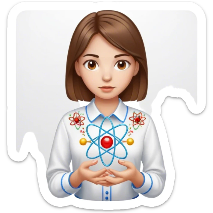 a Ukrainian girl with brown hair in an embroidered shirt and an atom sticker