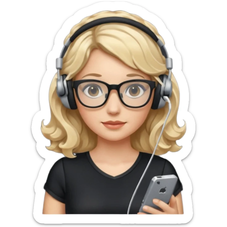 
gamer, woman with blond wavy hair, tight black dress with a white line with glasses, headphone, gamepad sticker