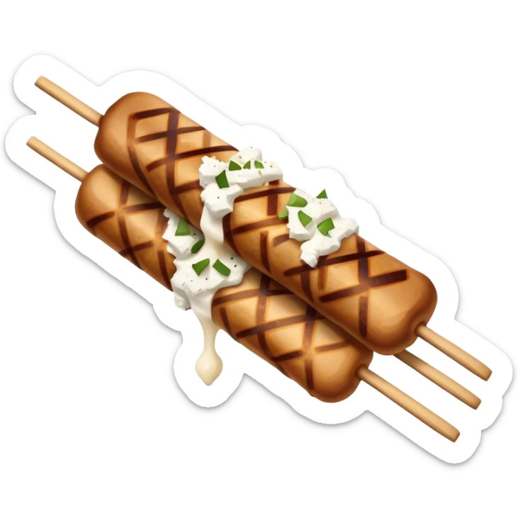 Souvlaki Cinematic Realistic Souvlaki Dish Emoji, depicted as skewered, grilled meat served with a side of crumbled feta cheese, rendered with rich textures and dynamic, appetizing lighting. sticker