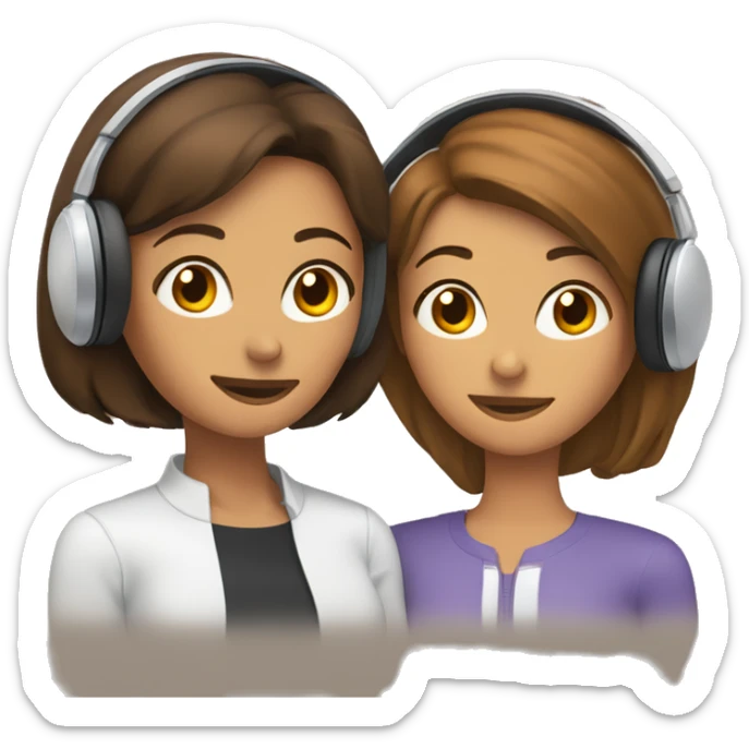 woman with brown, short hair wearing wired headphones sitting next to a woman with long brown hair resting her head on the other woman’s shoulder sticker