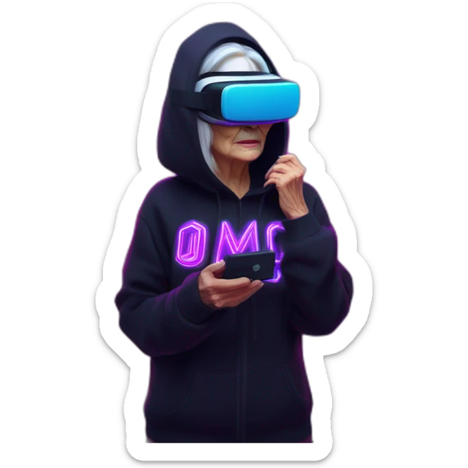 Russian old woman wearing a black hoodie with "OMG" letters on it and VR headset in a cyberpunk VR environment with violet neon lighting. sticker