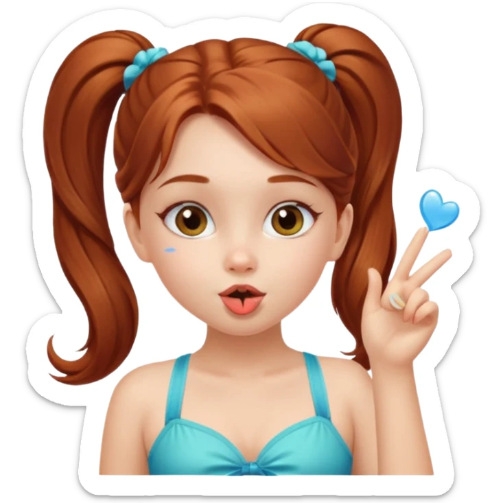 A cute ukrainian girl, with long auburn hair two side ponytails, in a bathing costume, she's blowing a kiss. sticker