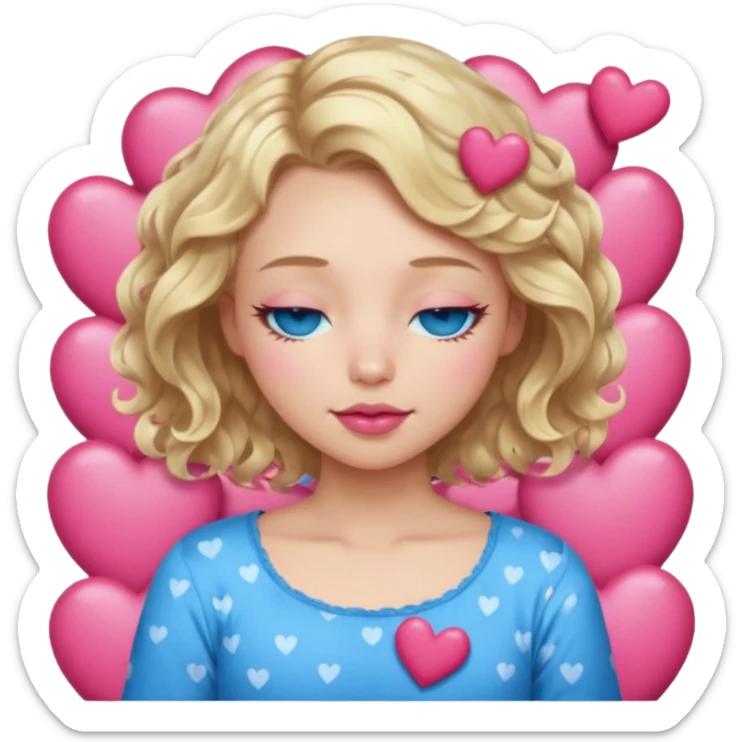 Girl Blonde short wavy hair,  blue eyes, cute blue top, long lashes, pink lips, sleeping eyes closed, hearts  sticker
