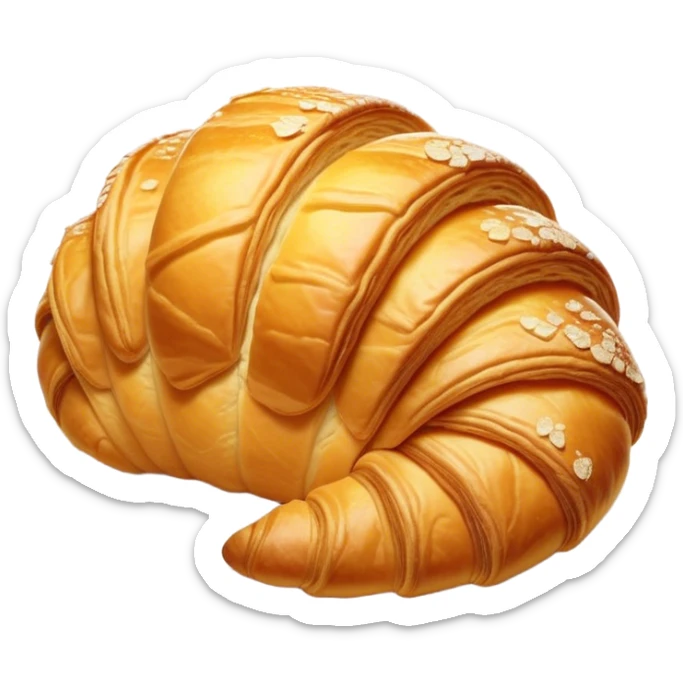 Cinematic golden croissant, perfectly flaky with crisp layers, slightly cracked to reveal buttery soft interior, warm golden glow, highly detailed and inviting. sticker