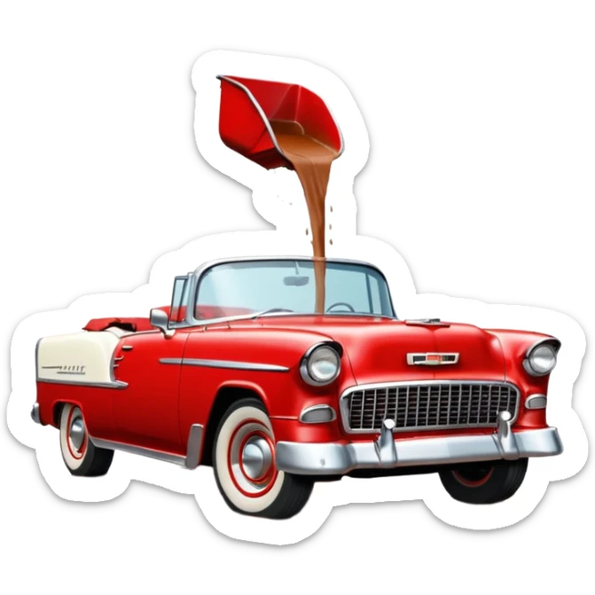 1955 Chevrolet Bel Air Convertible, Red-White color, with a bucket of brown mud pouring down on it, and the car itself is all dirty. 32x32 pixels, aspect ratio: 1:1 sticker
