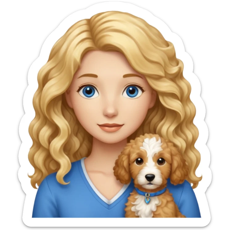 Long blonde hair, blue eyed woman with wavy blond goldendoodle sticker