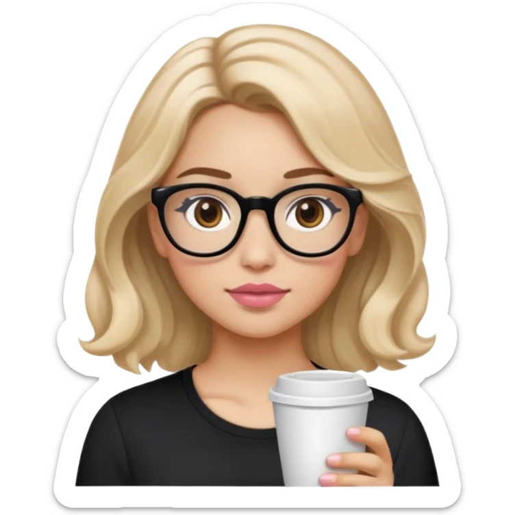 create a girl with light blonde wavy hair and a medium tone skin color. her eyes are almond shaped coffe brown and her eyebrows are brown in colour. she has a medium size nose and light pink thick lips. she is wearing a black top and glasses. sticker