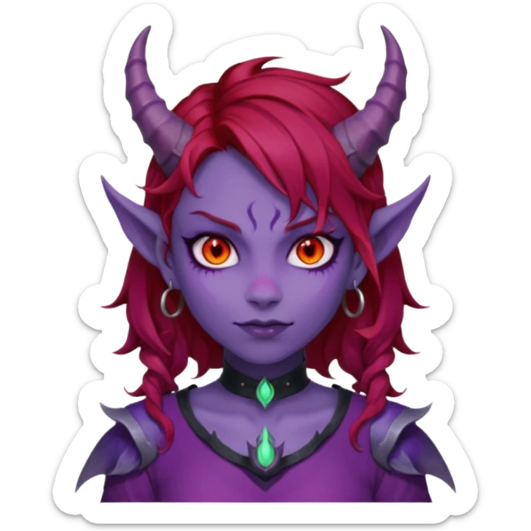 Demon Girl Purple Skin Dragon Horns Black Eyes Red Glowing Pupils Auburn Haired Red Shirt  sticker