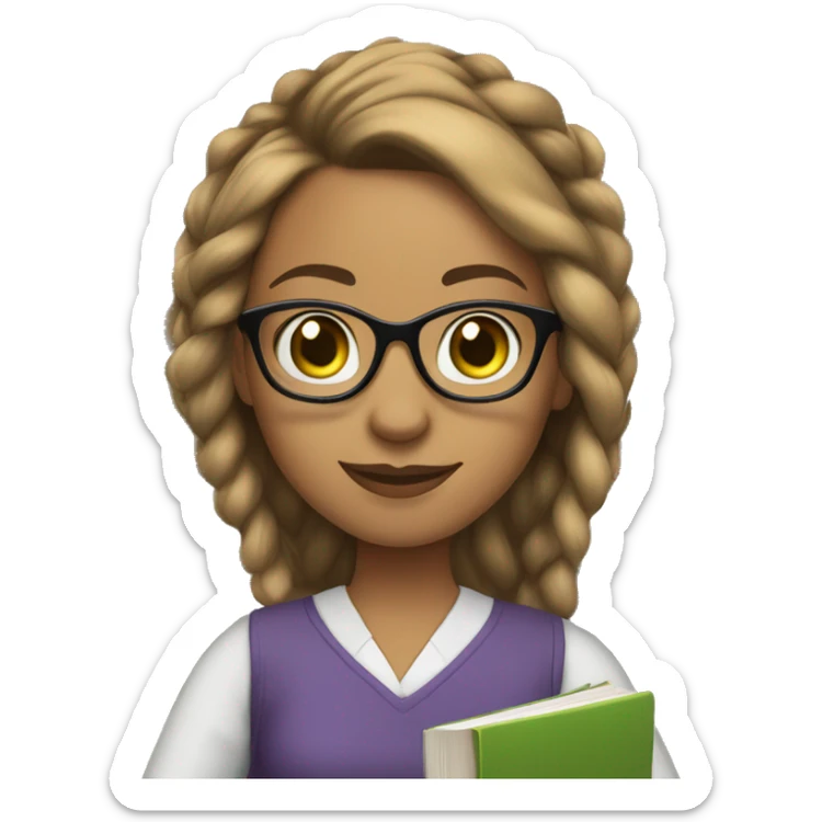 light skin woman brown ponytail no bangs glasses green eyes holding books  sticker