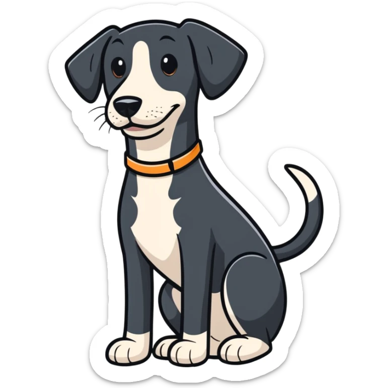 shorthaired black hound dog with white on chest, nose, and paws, full body, happy expression sticker