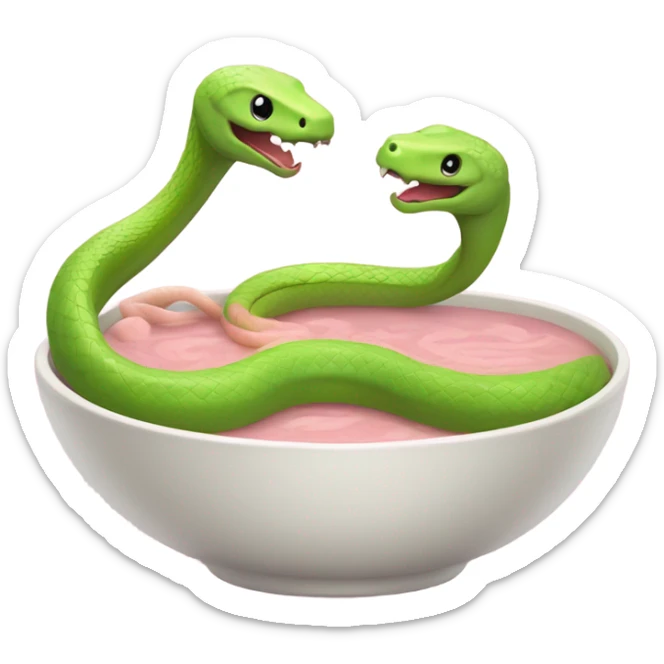 one light pink snake and one lime green snake sharing a bowl of soup in love sticker