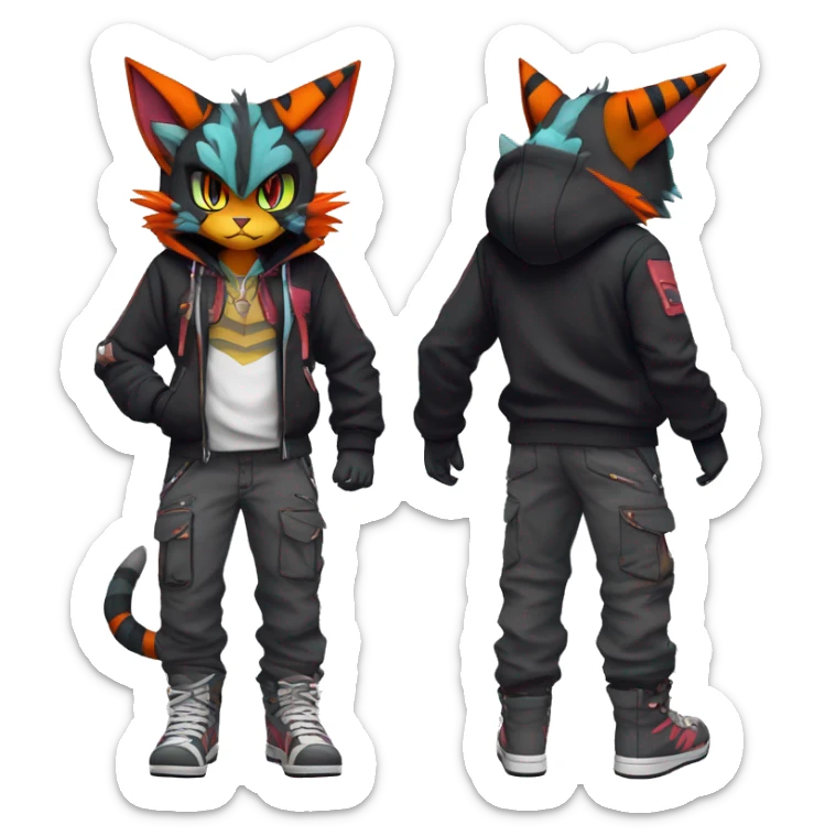 Cool Anthro Noivern-Litten-Lynx-Pokémon with edgy stripes hoodie spiked collar punk techwear Cargo Pants Full Body sticker