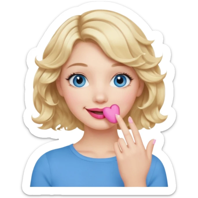 Girl Blonde short wavy hair,  blue eyes, cute blue top, long lashes, pink lips, smiling, hand over the mouth sticker