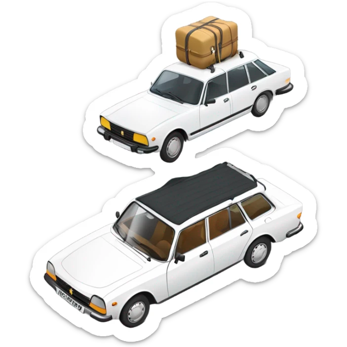 a white peugeot 504 break with few luggage on the roof sticker