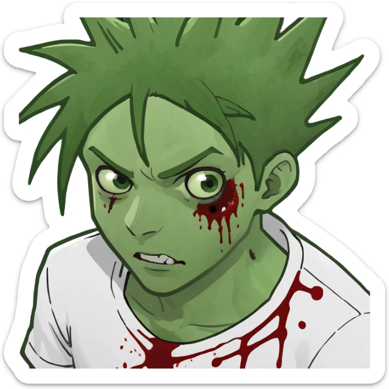 boy zombie emoji with pale whitish green skin, spiky anime hair, blood coming out of eyes, blood on white shirt sticker