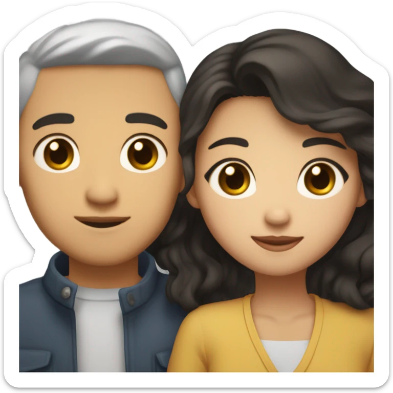 A half pale Asian man with short dark hair and amber eyes embracing and loving a half Asian woman with long wavy dark hair and dark hazel eyes. They love each other a lot And have good fashion taste and are hugging each other tight  sticker