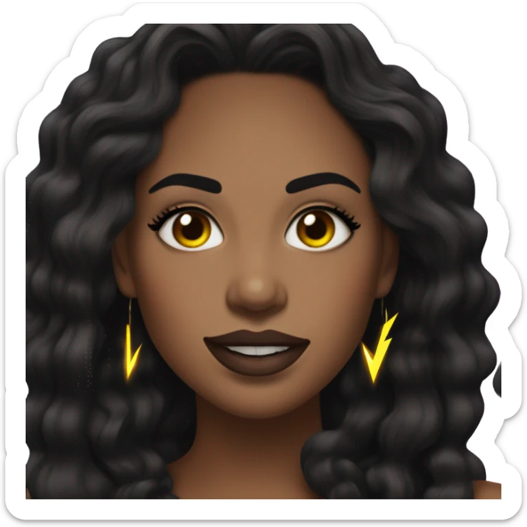 woman with medium, wavy black hair, dark brown eyes and long eyelashes, wearing neon lightning bolt earrings with a tongue piercing and a black top sticker