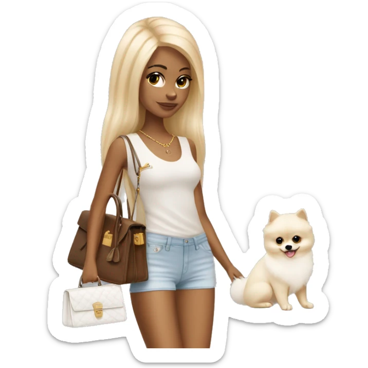 Blonde skinny girl with white pomeranian and Hermes birkin bag  sticker