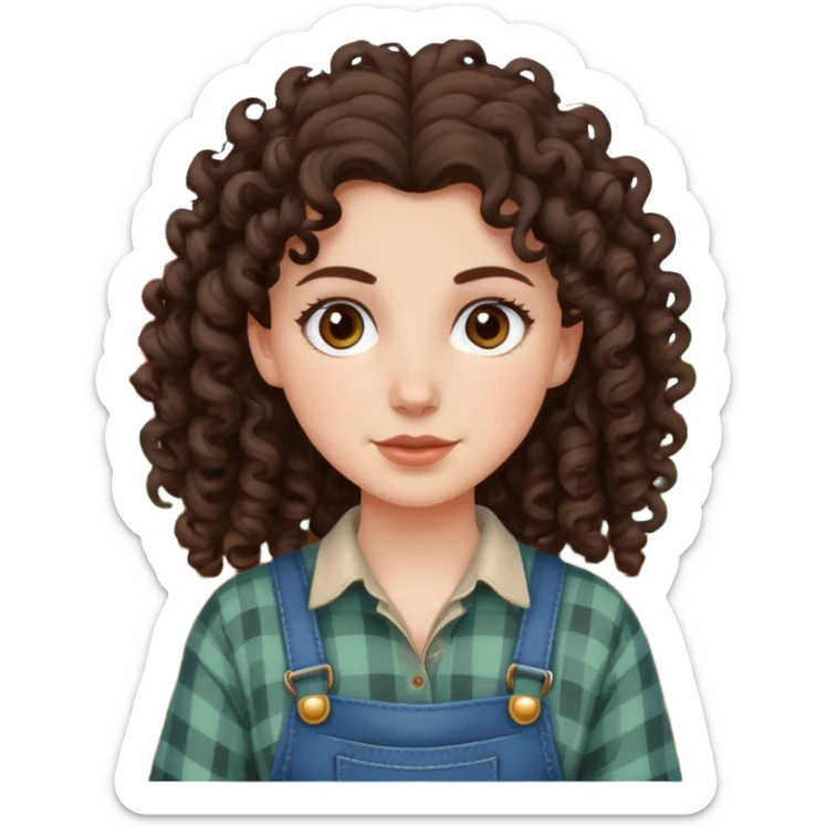 white girl with very curly dark brown hair, brown eyes, wearing farm clothes sticker