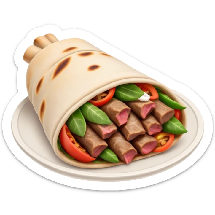 Cinematic Realistic Gyros Dish Emoji, showcasing succulent, spiced meat wrapped in pita with fresh vegetables rendered with lifelike detail and dynamic, appetizing lighting. sticker