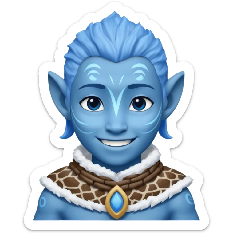a Avatar blue skin wearing ancient animal skin cloth with snow, half body, icon sticker