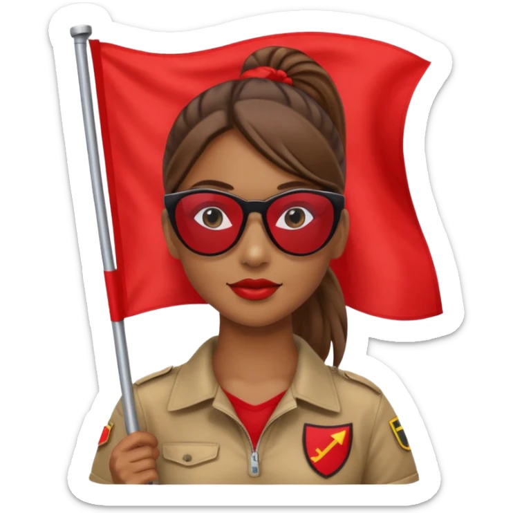 Una mujer morena con una coleta y gafas de sol y una bandera roja en la mano sticker