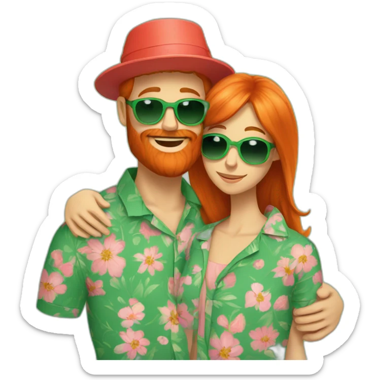 bright red beard wearing a floral shirt and wearing green sunglasses and a bucket hat hugging another person sticker