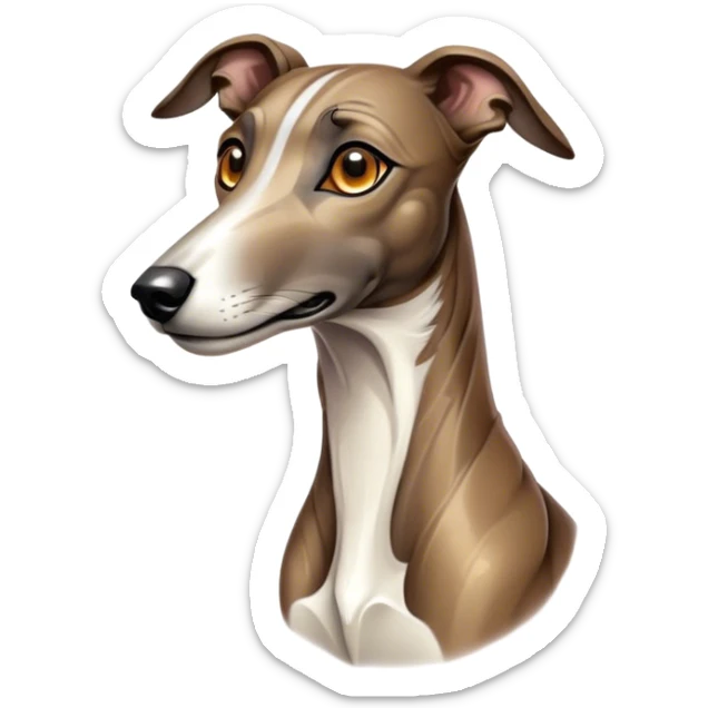 Cinematic Noble Brindle Greyhound Portrait Emoji, Poised and regal, with a slender, aerodynamic build and a refined brindle Fur, deep-set soulful eyes, Simplified yet sharp and sophisticated features, highly detailed, glowing with a soft, dignified glow, high shine, intelligent and agile, stylized with an air of elegance, focused and attentive, soft glowing outline, capturing the essence of a watchful and graceful racer, so majestic it feels as though it could dash out of the screen with effortless authority! sticker